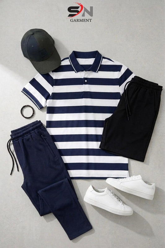 Breton Stripe Polo Shirt, shorts and Trouser Tracksuit