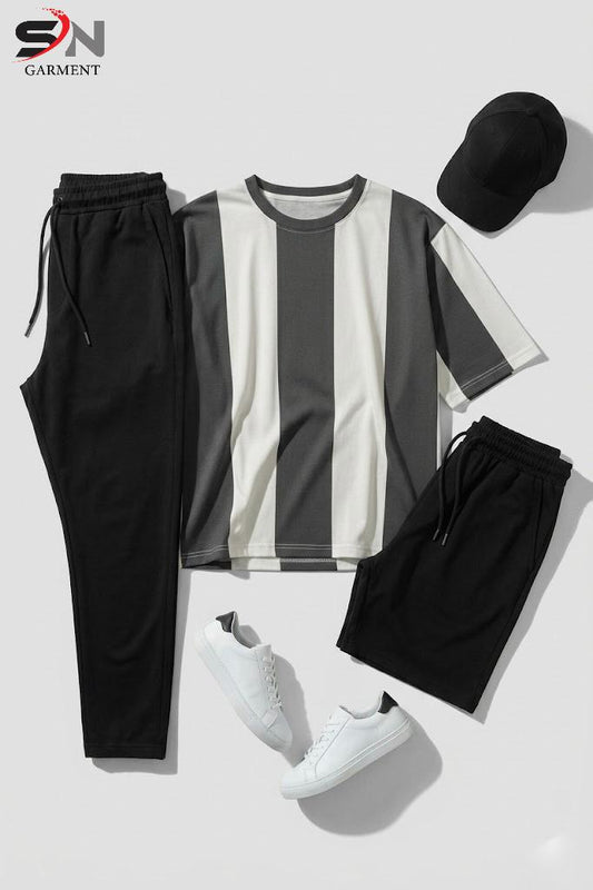 Vertical Stripe Polo Shirt, shorts and Trouser Tracksuit